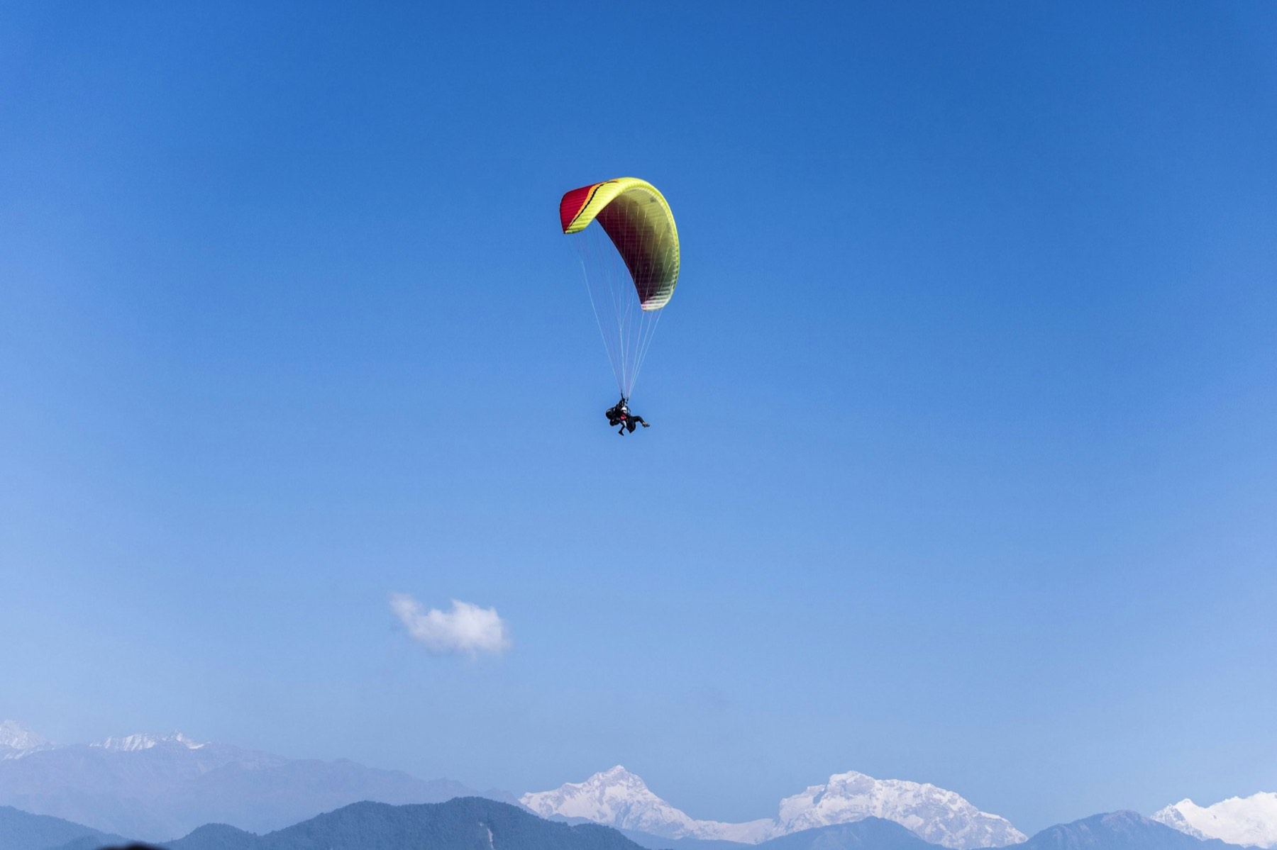 A yellow and red paraglider flying above snow-covered Himalayan peaks near Pokhara